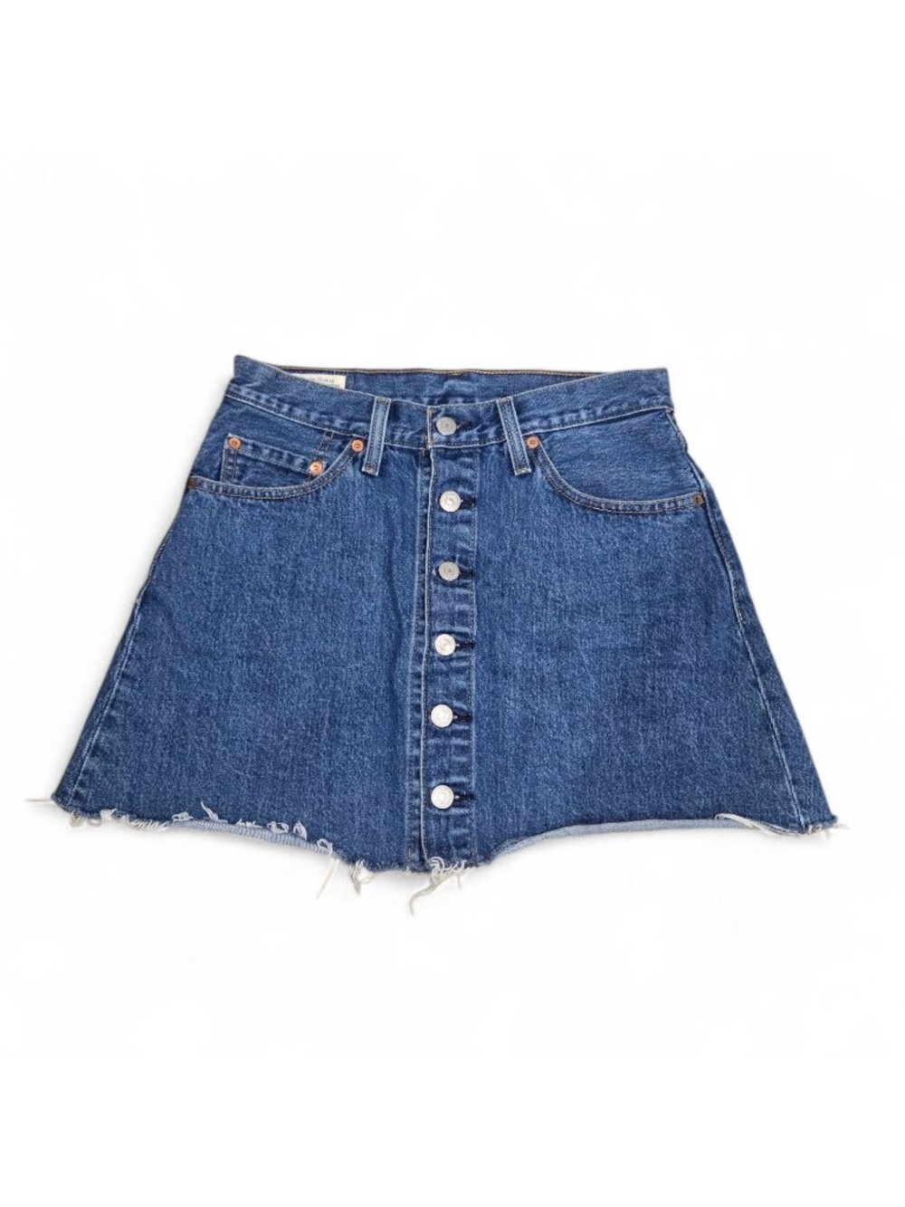 Levi's Premium Denim Button Front Mini Skirt Deconstructed Raw Hem Size 27